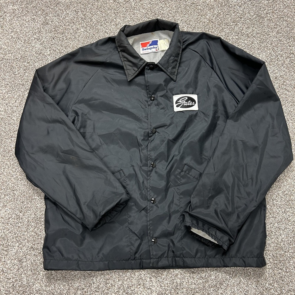 Vintage Swingster Jacket Mens L Black Nylon Coach Windbreaker Gates Patch USA